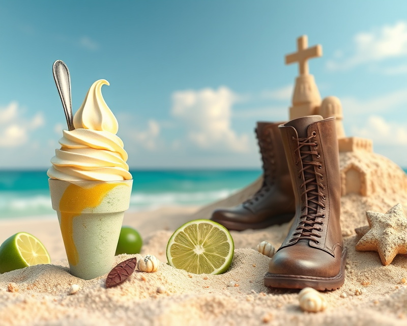 ice cream, spoon, boot, lime, sandcastle